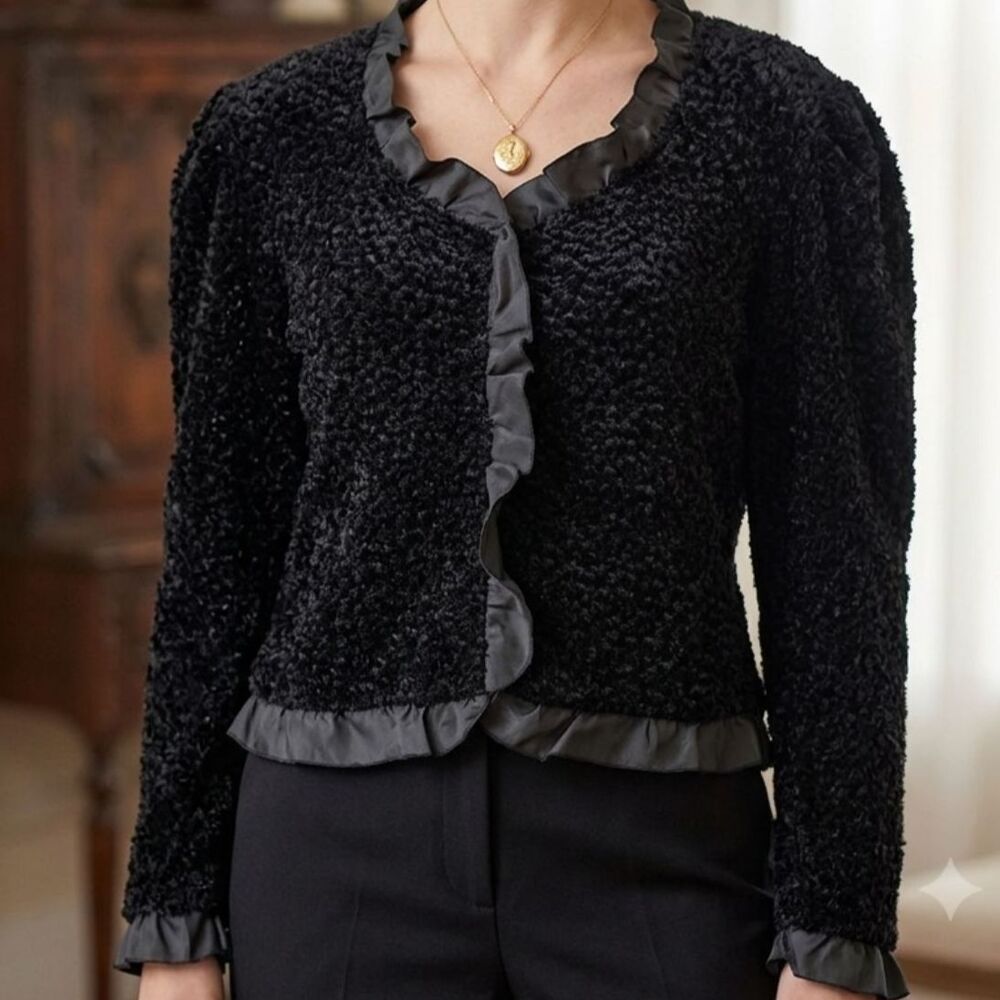 Cache Vintage Black Ruffle Popcorn Cardigan Sweater 6